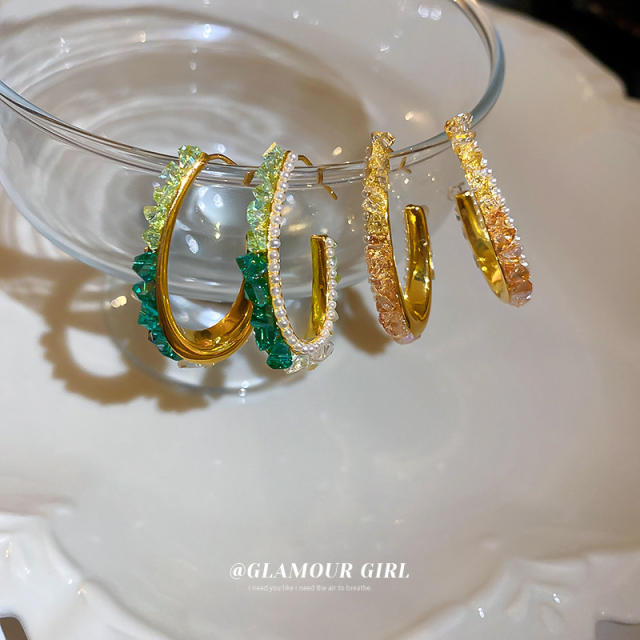 Silver needle color crytal open hoop earrings