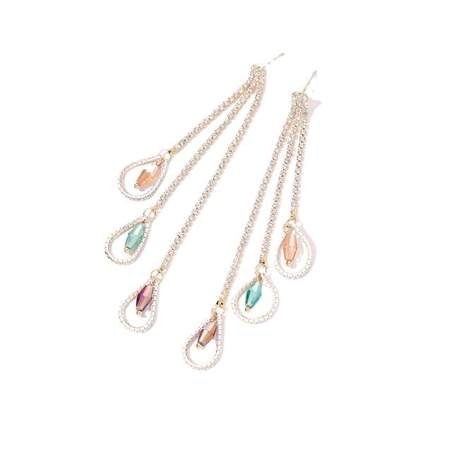 Pave setting rhinestone dropped long earrings