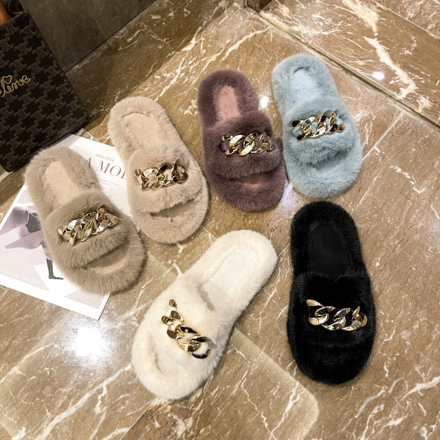 Metal chain fluffy slippers