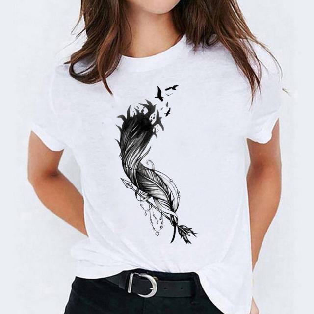 Summer fashion feather print women's short-sleeved T-shirt