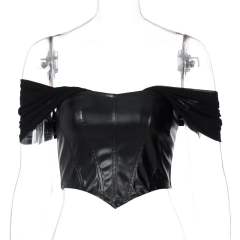 Sexy mesh sleeve PU leather corset tops