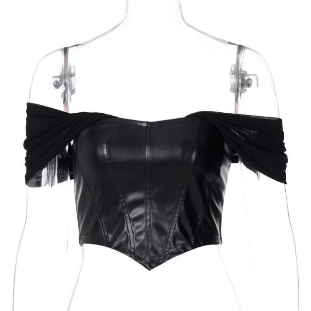 Sexy mesh sleeve PU leather corset tops