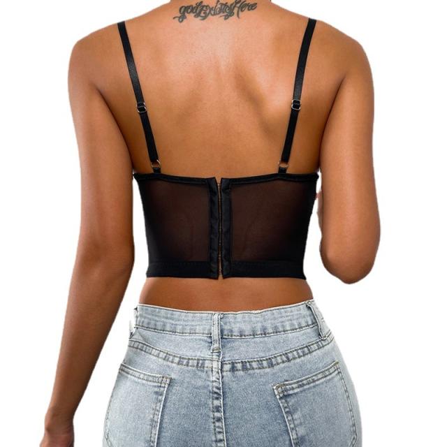 Black mesh flower embroidery camis