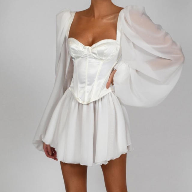 Balloon sleeve chiffon corset dress