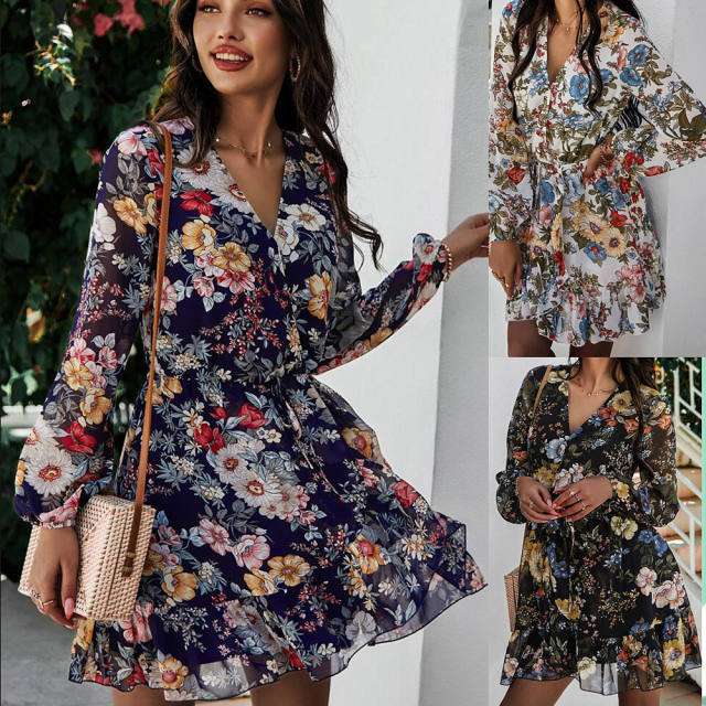 Amazon hot sale flower printing long sleeve chiffon short dress