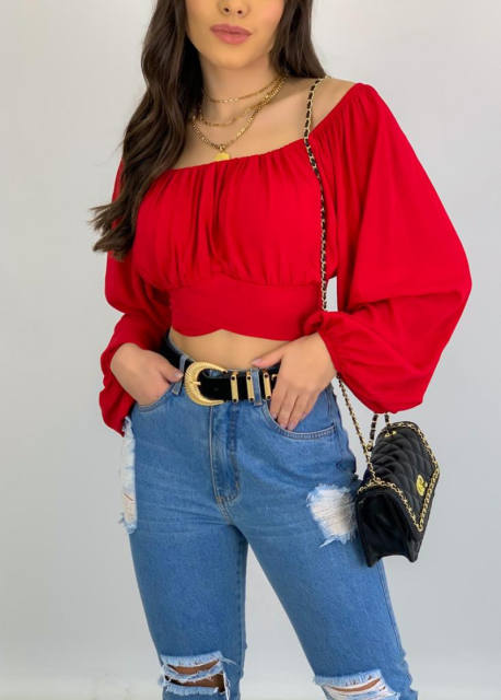 Long puff sleeve off shoulder woman tops