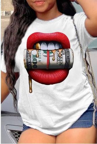 Summer red lips bite US dollar printed women's large size short sleeve t-shirt