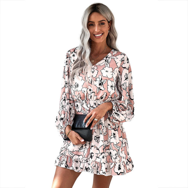Patterned chiffon long sleeve dress