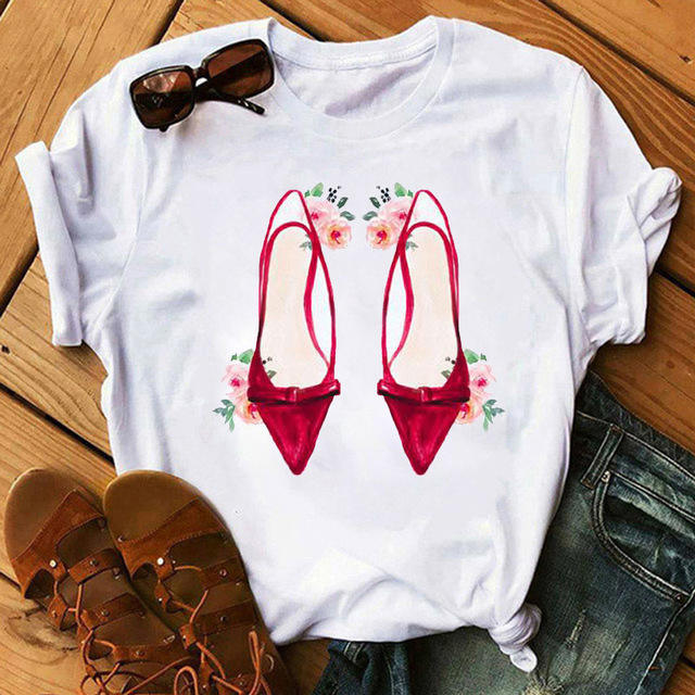 Fashion high heels printed women's short-sleeved T-shirt