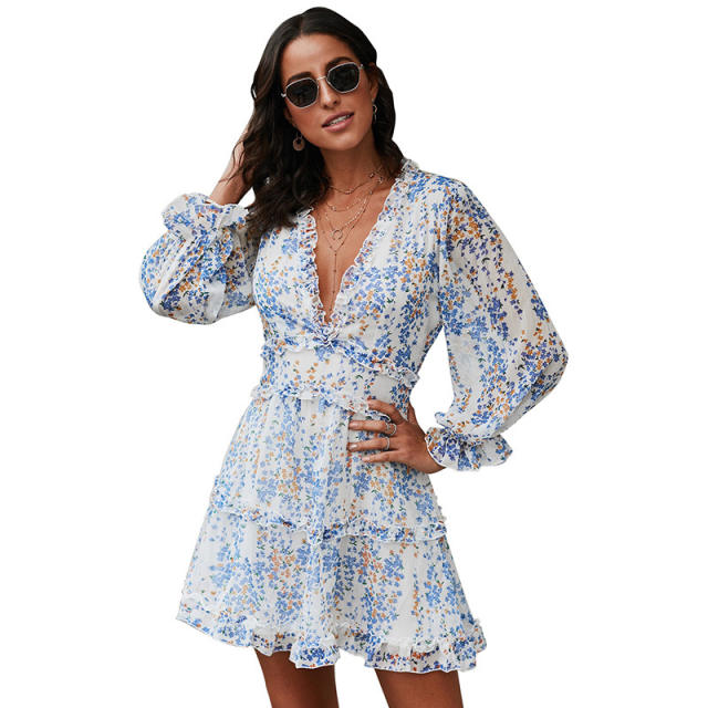 Patterned chiffon long sleeve dress