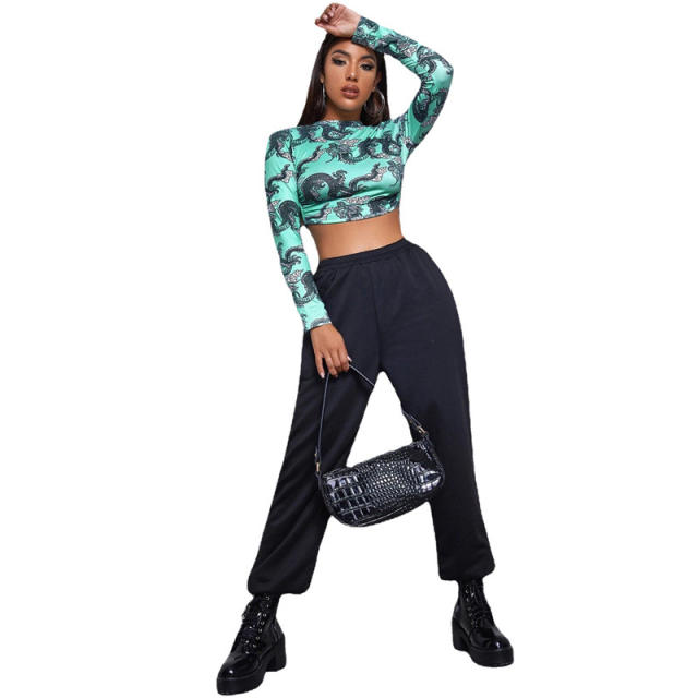 Dragon pattern sexy long sleeve backless tops