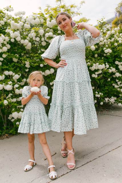 Balloon sleeve floral mommy and kids smocked dress