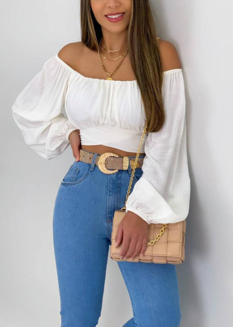 Long puff sleeve off shoulder woman tops