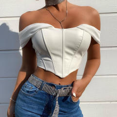 Sexy mesh sleeve PU leather corset tops