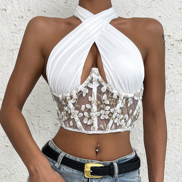 White color halter neck sheer corset tops
