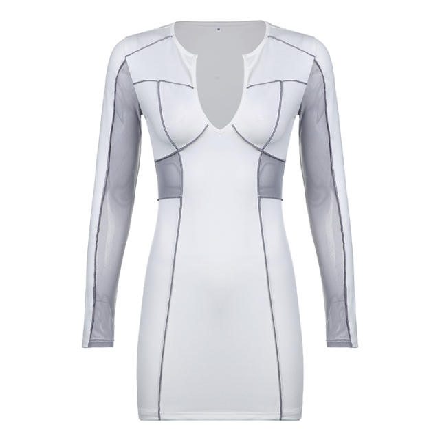 White color long sleeve mesh sleeve short dress