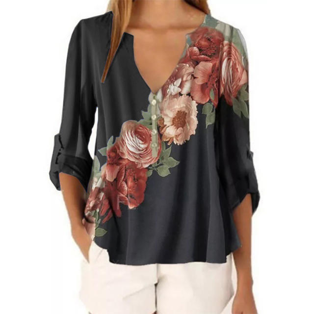 V neck long sleeve chiffon blouse
