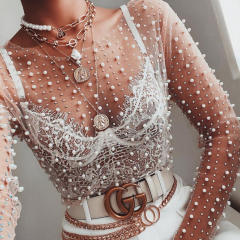 Super sexy pearl long sleeve sheer women tops