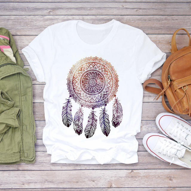New summer feather Dreamcatcher printed women's short-sleeved T-shirt