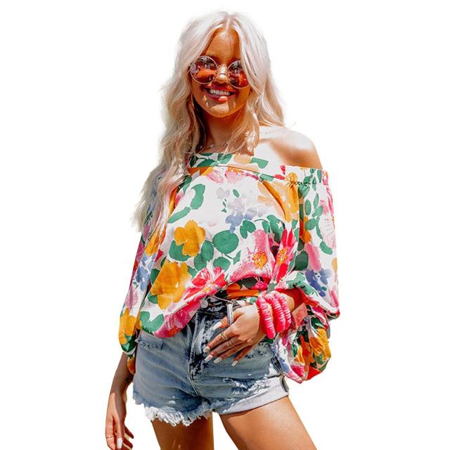 Autumn new design color printing one shoulder long sleeve blouse