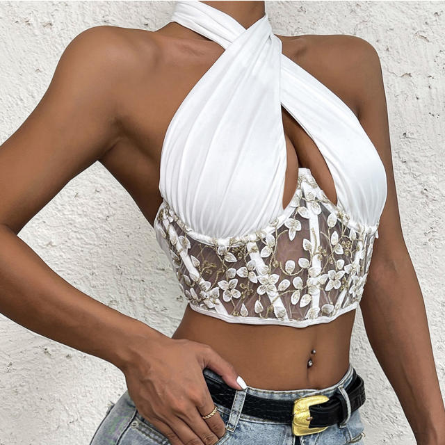 White color halter neck sheer corset tops