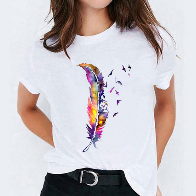 Summer fashion feather print women's short-sleeved T-shirt