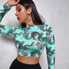 Dragon pattern sexy long sleeve backless tops
