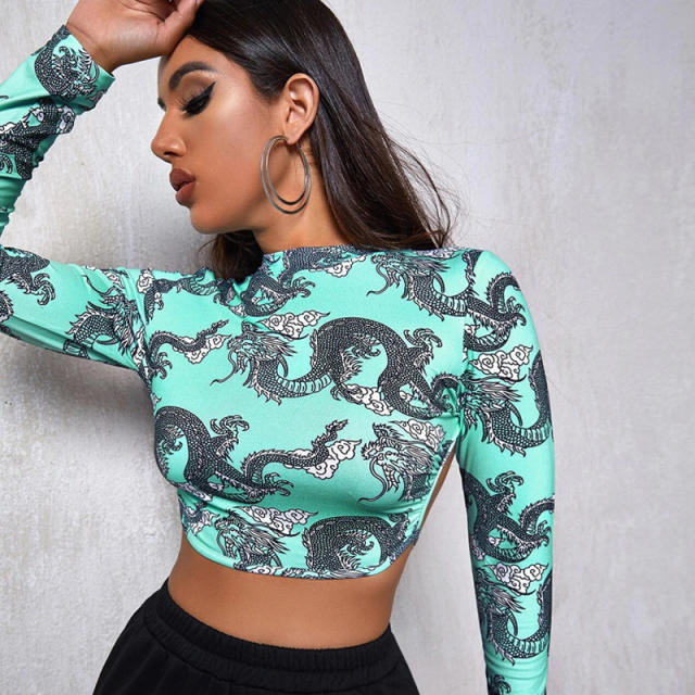 Dragon pattern sexy long sleeve backless tops