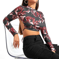 Dragon pattern sexy long sleeve backless tops