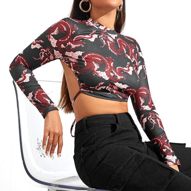 Dragon pattern sexy long sleeve backless tops