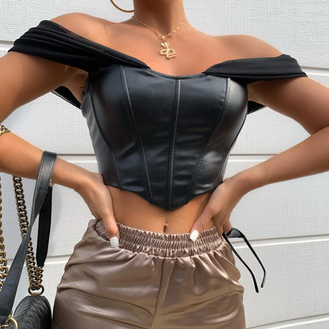 Sexy mesh sleeve PU leather corset tops