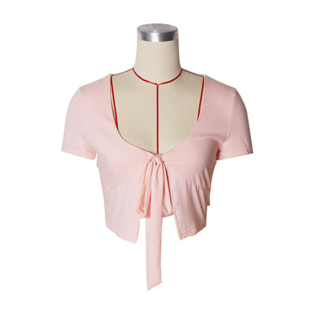 Pink color tie front cropped tops