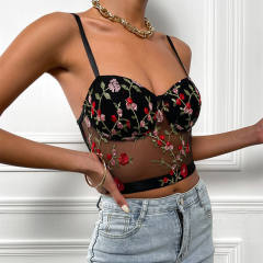 Black mesh flower embroidery camis