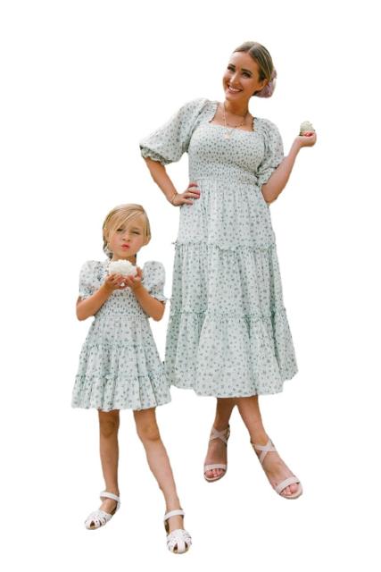Balloon sleeve floral mommy and kids smocked dress