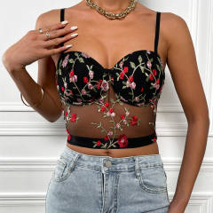 Black mesh flower embroidery camis