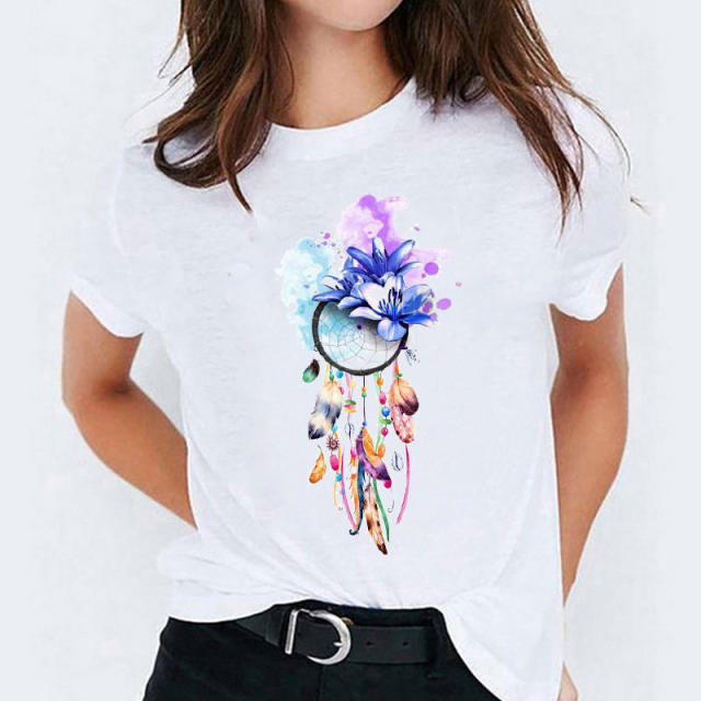 Summer fashion feather print women's short-sleeved T-shirt