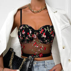 Black mesh flower embroidery camis