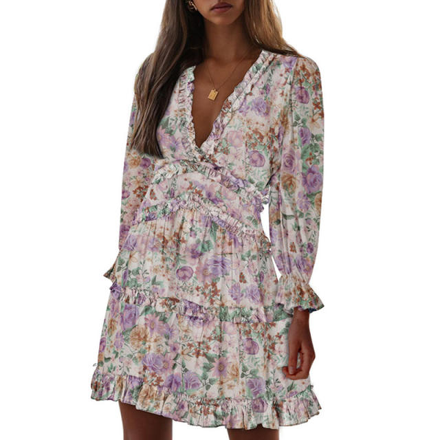 Patterned chiffon long sleeve dress