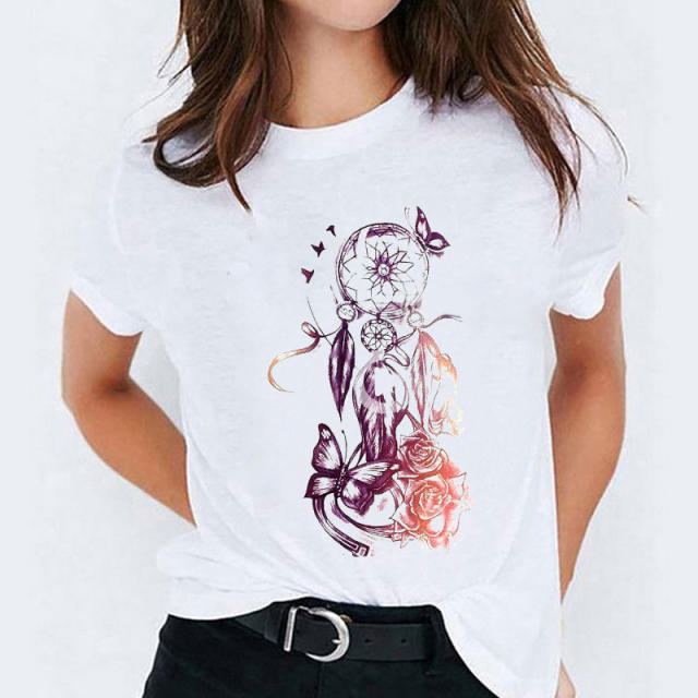 Summer fashion feather print women's short-sleeved T-shirt