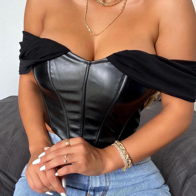 Sexy mesh sleeve PU leather corset tops