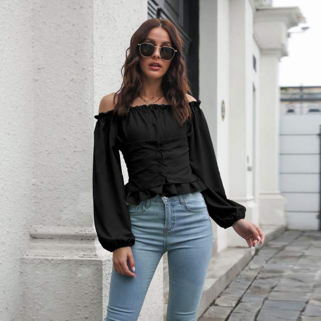Off shoulder balloon sleeve women tops