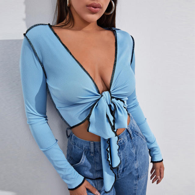 Blue color long sleeve tie front woman tops