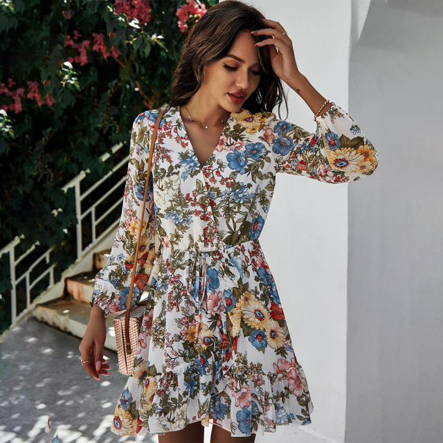 Amazon hot sale flower printing long sleeve chiffon short dress