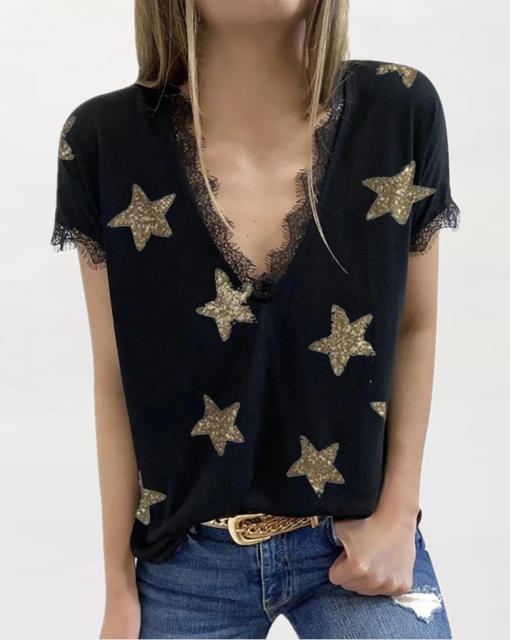 Sexy lace V neck star pattern t shirt