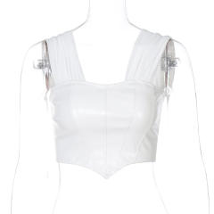 Sexy mesh sleeve PU leather corset tops