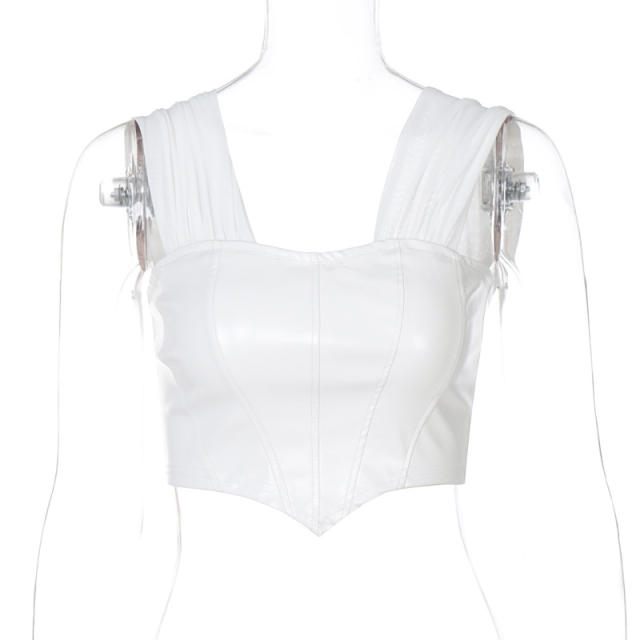 Sexy mesh sleeve PU leather corset tops