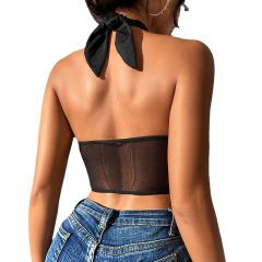 Sexy mesh black halter neck corset tops