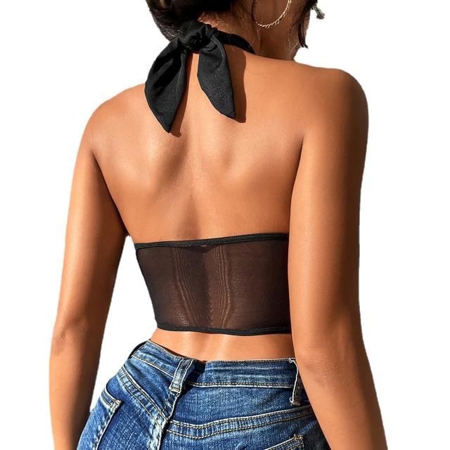 Sexy mesh black halter neck corset tops