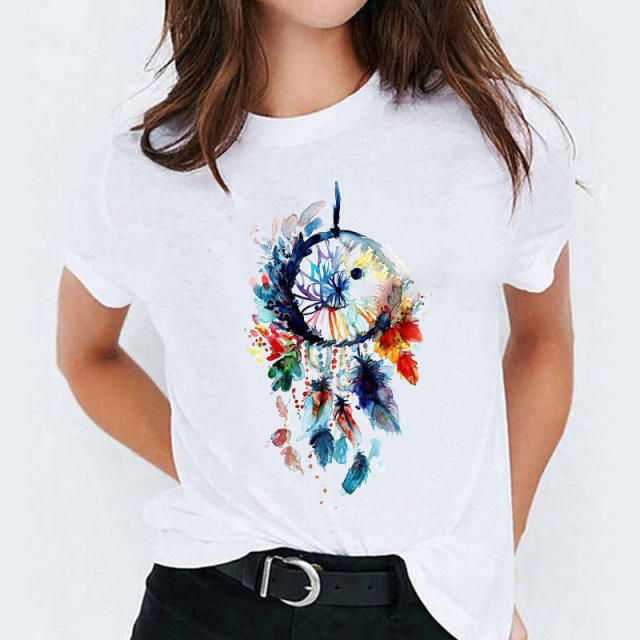 Summer fashion feather print women's short-sleeved T-shirt