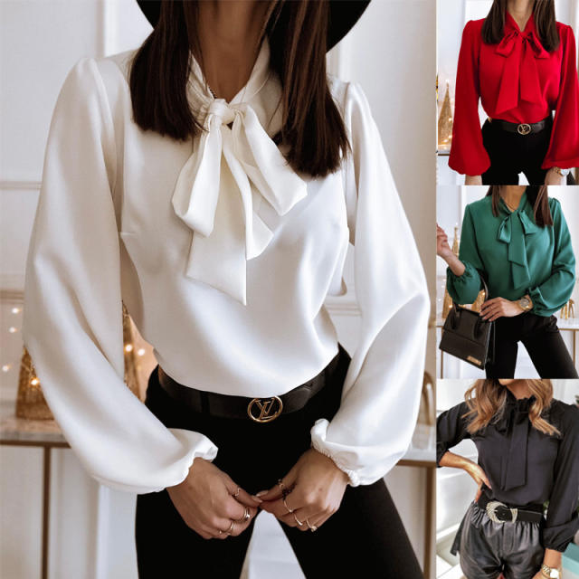 Plain pussybow work blouse for woman